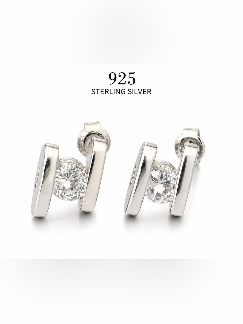 925 Sterling Silver CZ Bar Stud Earrings in Silver